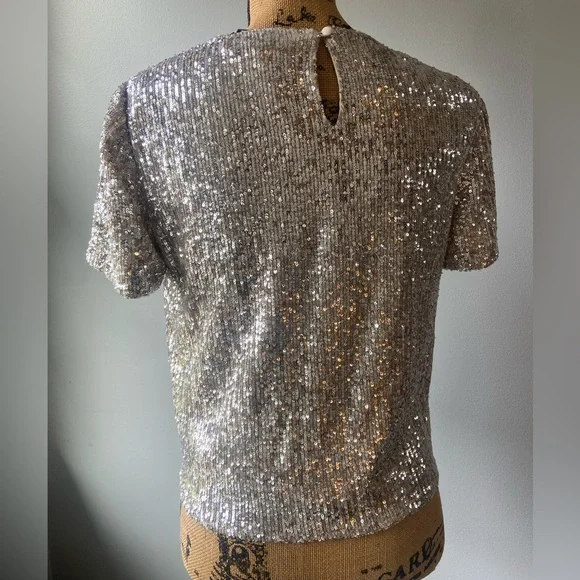 Gianni Bini Silver Sequin Short Sleeve Top - Picture 4 of 11
